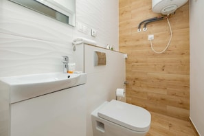 Shower, hair dryer, towels, shampoo
