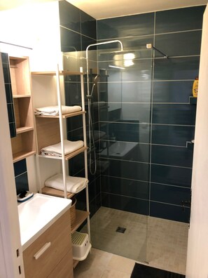 Shower, hair dryer, towels, soap