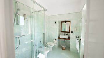 A modern bathroom with a glass-enclosed shower, a toilet, a sink, and a mirror.