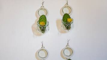 Quatre bocaux en verre contenant des plantes succulentes et des fleurs jaunes, disposés sur une surface blanche devant un mur de pierre.