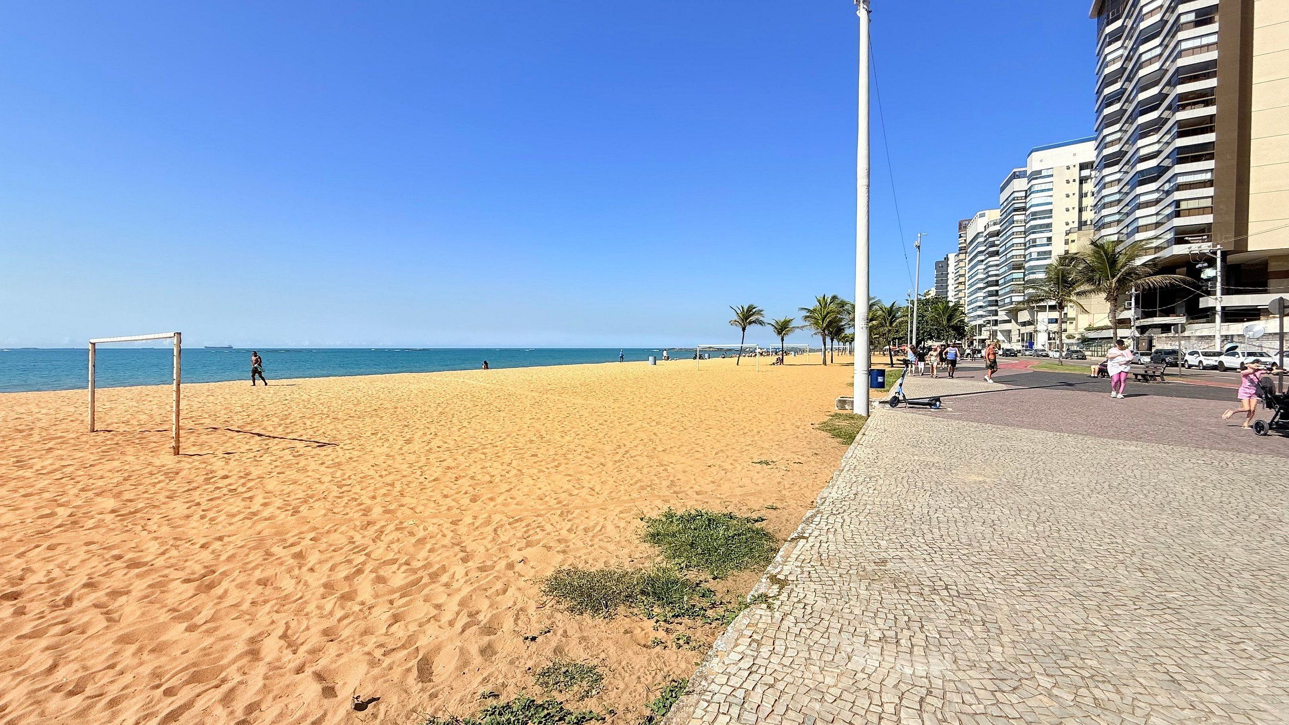 A beach with a soccer goal, palm trees, and a paved walkway.