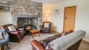 Un salon chaleureux avec une cheminée en pierre, des canapés en cuir, un tapis à motifs et une porte en bois.