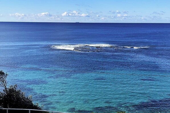 A clear view of a coastal area with a large body of water and a small island or rock formation in the center.