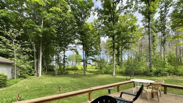A wooden deck with a table and chairs, surrounded by a grassy yard and trees. - Cabin in the woods (Wolverine)