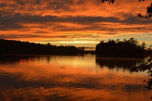 Un tramonto sul lago calmo, con alberi in silhouette contro il cielo.