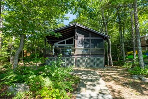 Escape to a secluded cabin surrounded by a lush forest, with a paved pathway leading to a tranquil retreat.