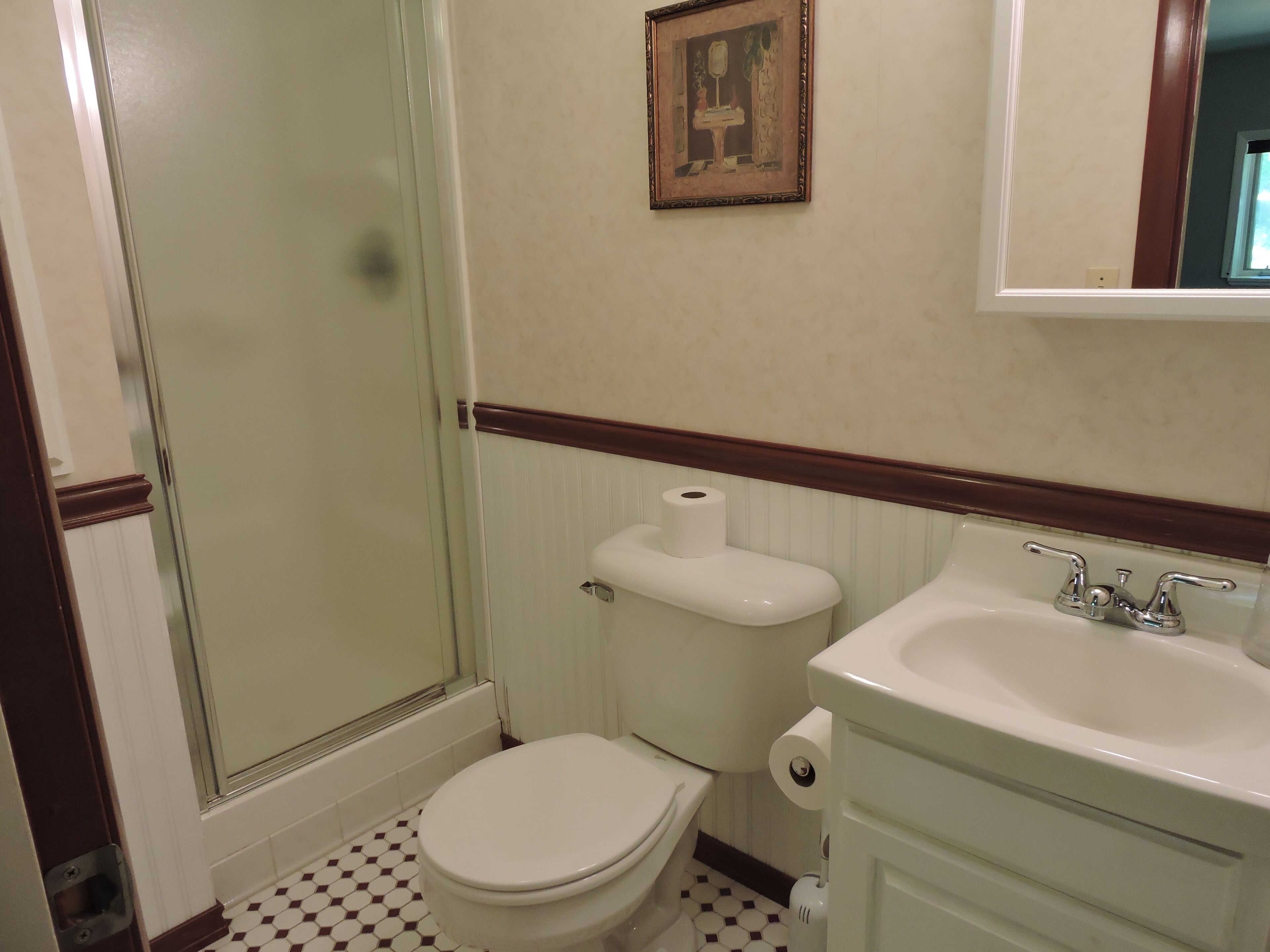 A bathroom with a toilet, sink, and shower.