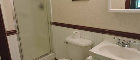 A bathroom with a toilet, sink, and shower.