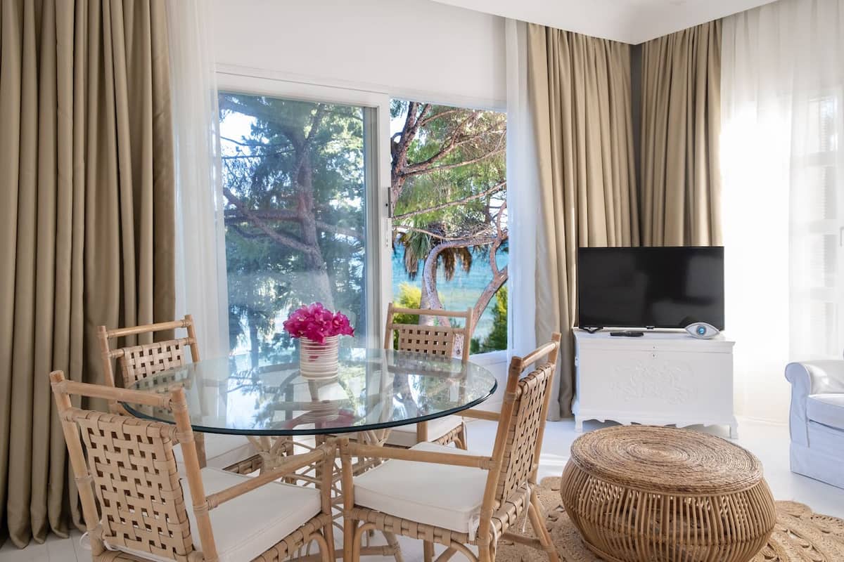 Una habitación con una mesa de vidrio rodeada de sillas de mimbre, un televisor sobre un mueble blanco, y vistas a árboles y agua desde el exterior.