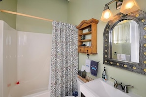 Shower, hair dryer, shampoo