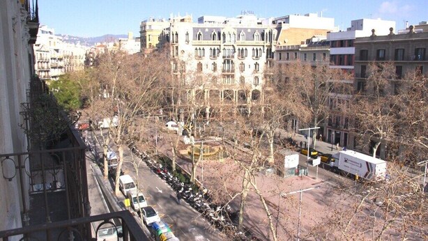 Vista del carrer amb una filera de cotxes aparcats i un tren passant.