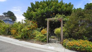 A garden with a wooden archway, surrounded by orange flowering bushes and trees. - Darling Beach Cottage, Ocean Views, central (Del Mar)