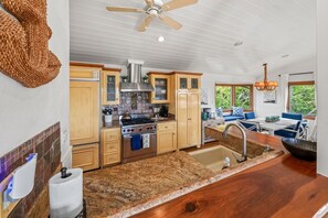 Une cuisine avec des meubles en bois, une cuisinière en acier inoxydable et un plan de travail en granit.