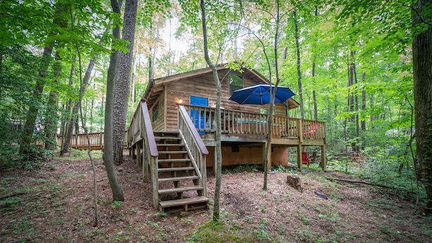 A wooden cabin with a deck and stairs, surrounded by trees in a forest.