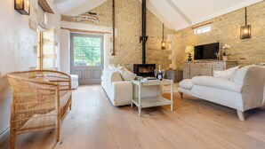 Una sala de estar acogedora con pared de piedra, chimenea, televisor y sillón de mimbre.