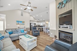 Smart TV, fireplace, DVD player, foosball