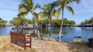 A wooden bench by a calm lake with palm trees and a small building in the background. - Mauna Lani Villages luxurious Villa with Private Beach Access! (Waimea)