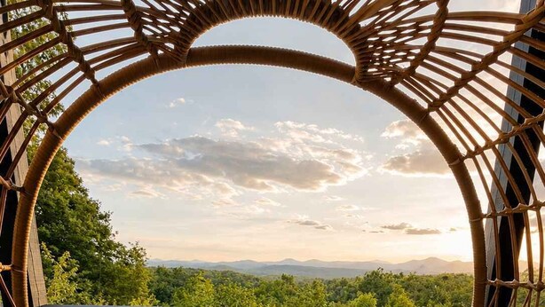A wicker chair with a view of a lush landscape. - Amazing Views+Ultra Private | Top of the Mountain (Blue Ridge)