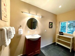 Shower, hair dryer, towels