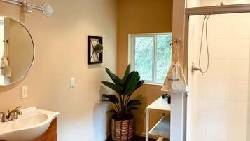 Shower, hair dryer, towels