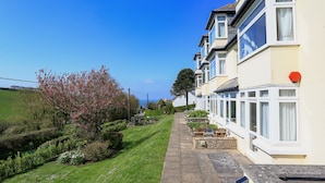 A row of terraced houses with a paved walkway and a grassy area with flowering shrubs.