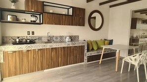 Fridge, microwave, coffee/tea maker, electric kettle