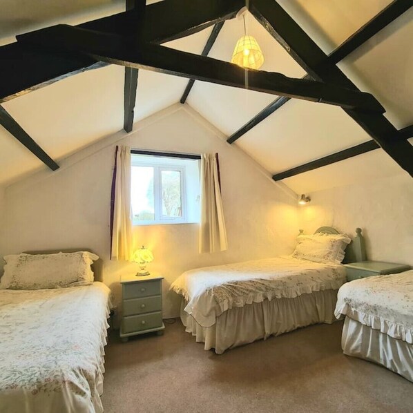 Une chambre confortable située dans les combles, avec deux lits, une fenêtre avec des rideaux, une lampe et un luminaire suspendu.