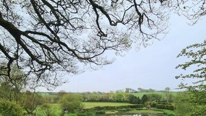 A serene pond surrounded by lush greenery and trees. - Cosy log-cabin style lodge with outdoor Lay-Z-Spa in rural, North Cornwall. (Launceston)