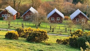 A rural landscape with three red-roofed houses, a winding road, and rolling green fields. - Ta Mill Holidays - Meadowview Chalet 3 (Launceston)
