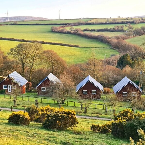 A rural landscape with three red-roofed houses, a winding road, and rolling green fields.