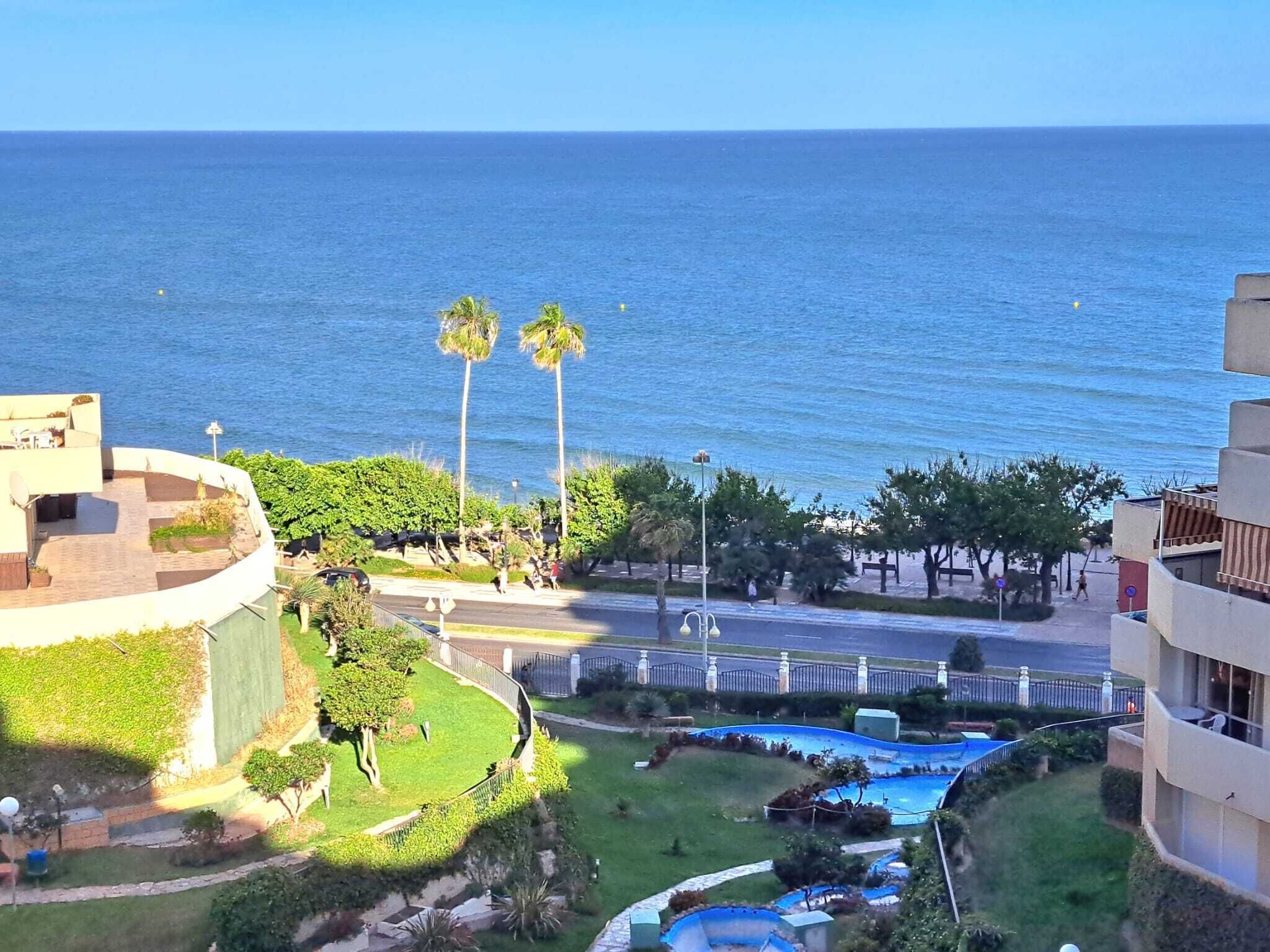 Zona residencial con piscina, palmeras y vistas al mar.
