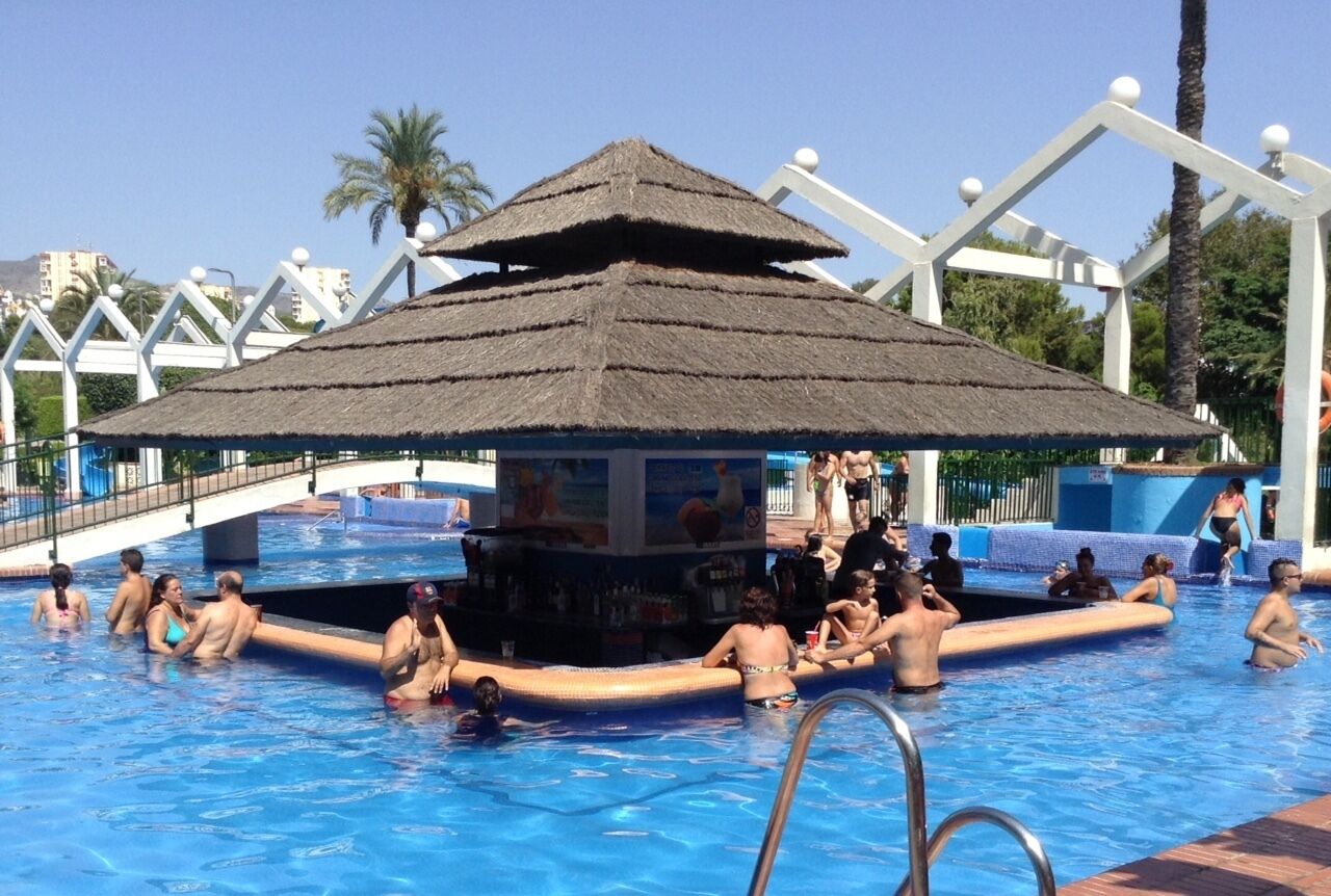 A swimming pool with a thatched-roof structure, surrounded by palm trees and a white fence.