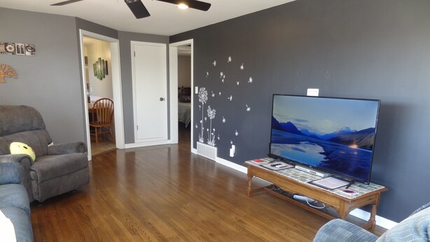 A living room with a flat-screen TV on a wooden stand, a gray sofa, and a blue armchair. - Close to Mayo/Shops, 1 step entry Covered By Faith (Rochester)