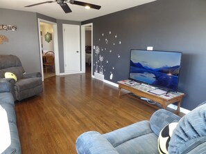 A living room with a flat-screen TV on a wooden stand, a gray sofa, and a blue armchair. - Close to Mayo/Shops, 1 step entry Covered By Faith (Rochester)