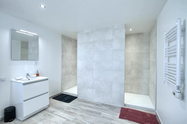 Dusche, Haartrockner, Shampoo, Toilettenpapier