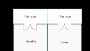 Un plan d’étage comprenant deux terrasses, une chambre double, une chambre avec deux lits simples et une salle de bain.