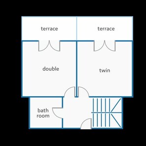 Ein Grundriss mit zwei Terrassen, einem Doppelzimmer, einem Zweibettzimmer und einem Badezimmer.