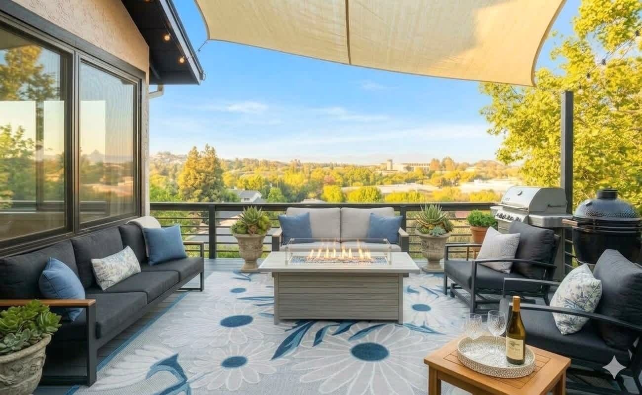 Step outside to the shaded patio for comfortable seating and hillside views