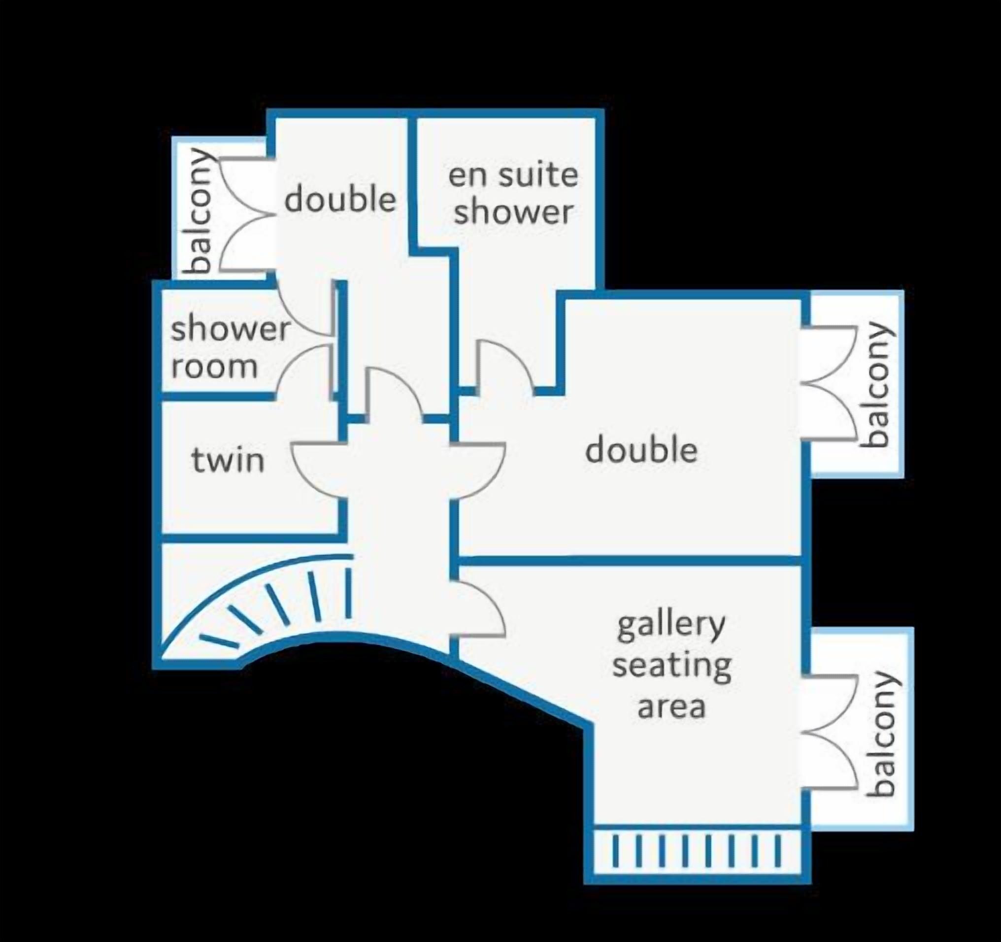 Un plan d’étage comprenant une chambre double avec salle de bain attenante, une chambre avec deux lits simples, un balcon et un espace détente aménagé en galerie.