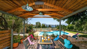 A covered outdoor area with a pool, wooden furniture, and potted plants. - Villa Olive Grove by Villa Plus (Marathi)
