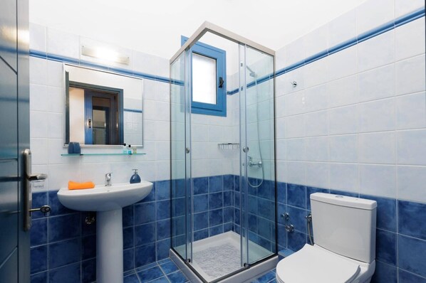 A bathroom with a glass-enclosed shower, a white sink, and a toilet.
