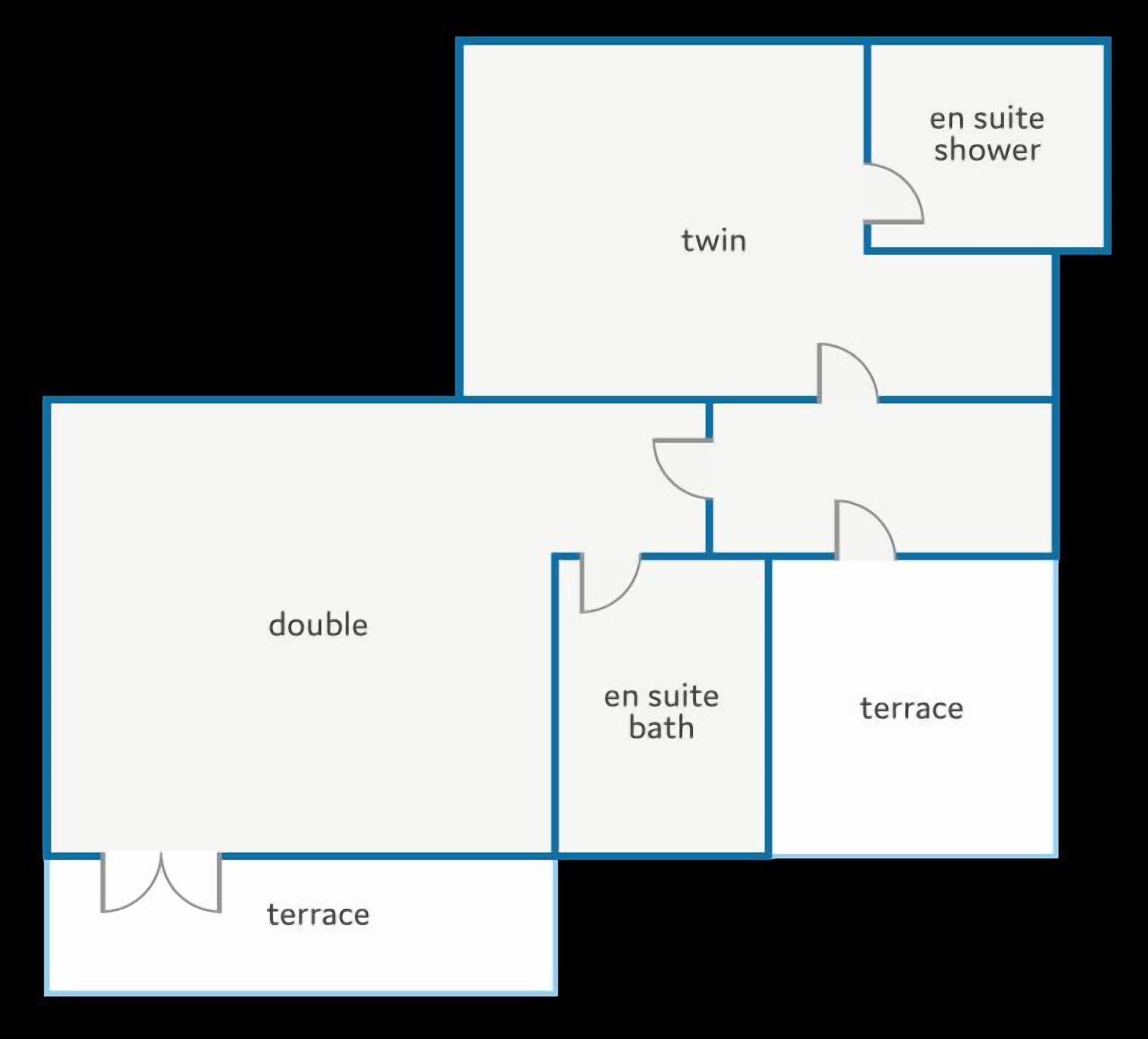 A floor plan with a double room, twin room, en suite shower, en suite bath, and terrace.