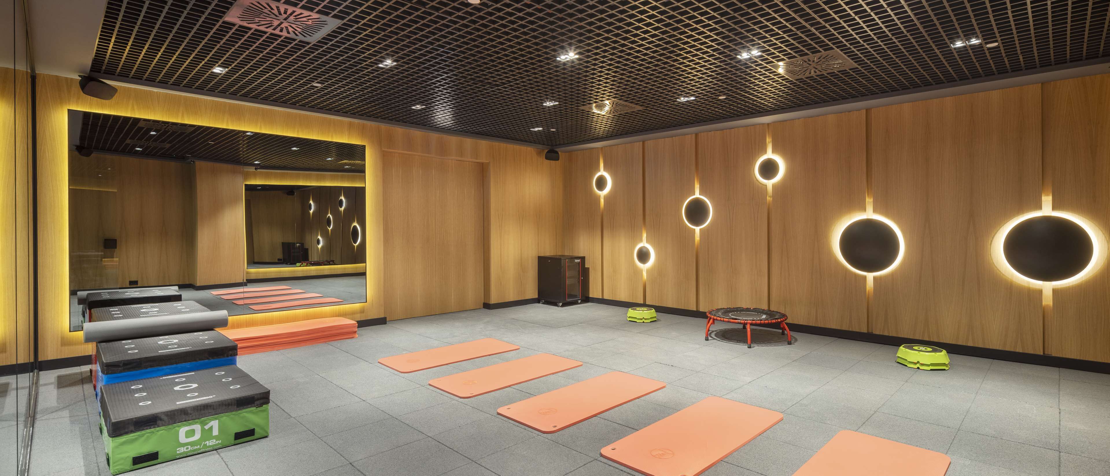 Een moderne fitnessruimte met oefenmatten, een loopband en een kleine trampoline.