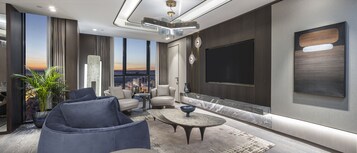 总统套房, 1 张特大床 | 起居区 | 55-英寸液晶电视 （配备数码频道）、电视