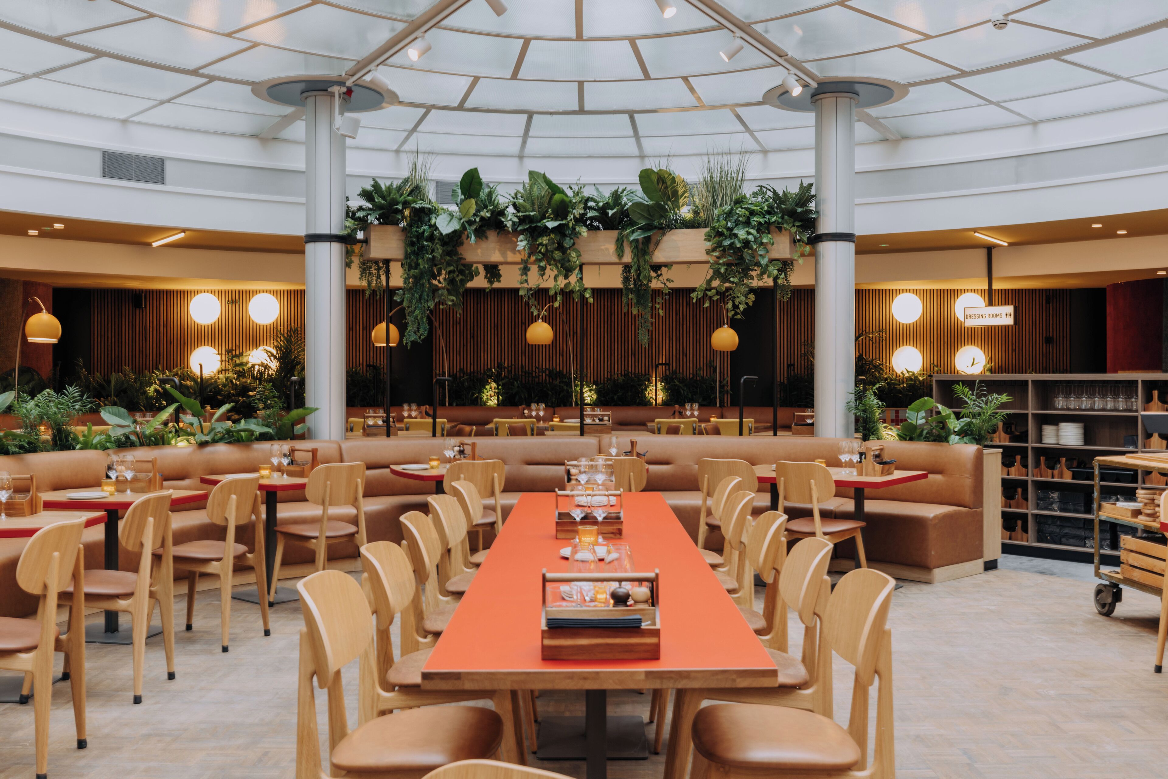 Un comedor amplio con una mesa larga, diversas opciones de asientos y una variedad de plantas e iluminación.