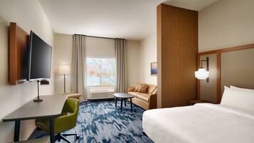 Desk, laptop workspace, blackout curtains, iron/ironing board