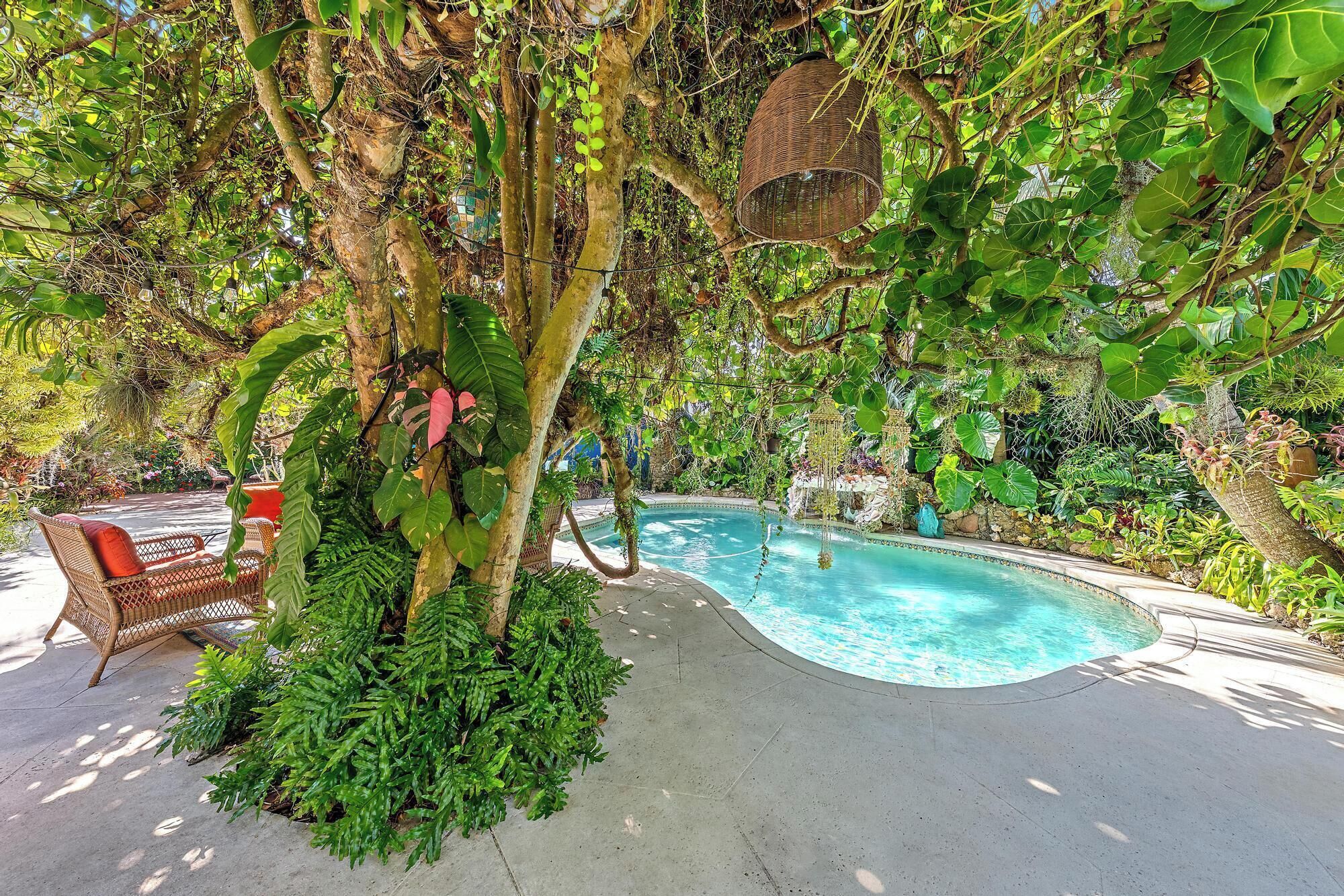 A pool surrounded by lush greenery, a wicker chair, and a stone wall.
