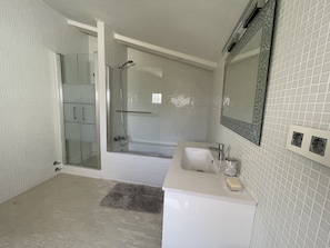 Combined shower/tub, hair dryer, bidet, towels