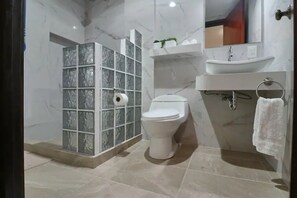 Regadera, toallas, jabón, papel de baño 