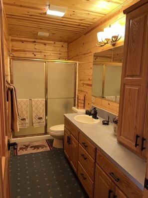 Combined shower/bathtub, hair dryer, towels, soap
